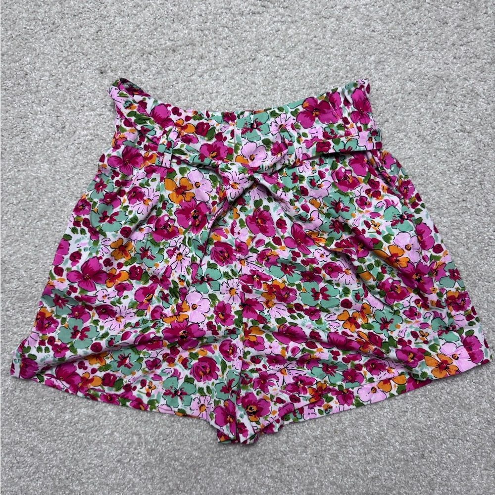 Floral High Waist Women's Shorts - Pink, Green, and Orange